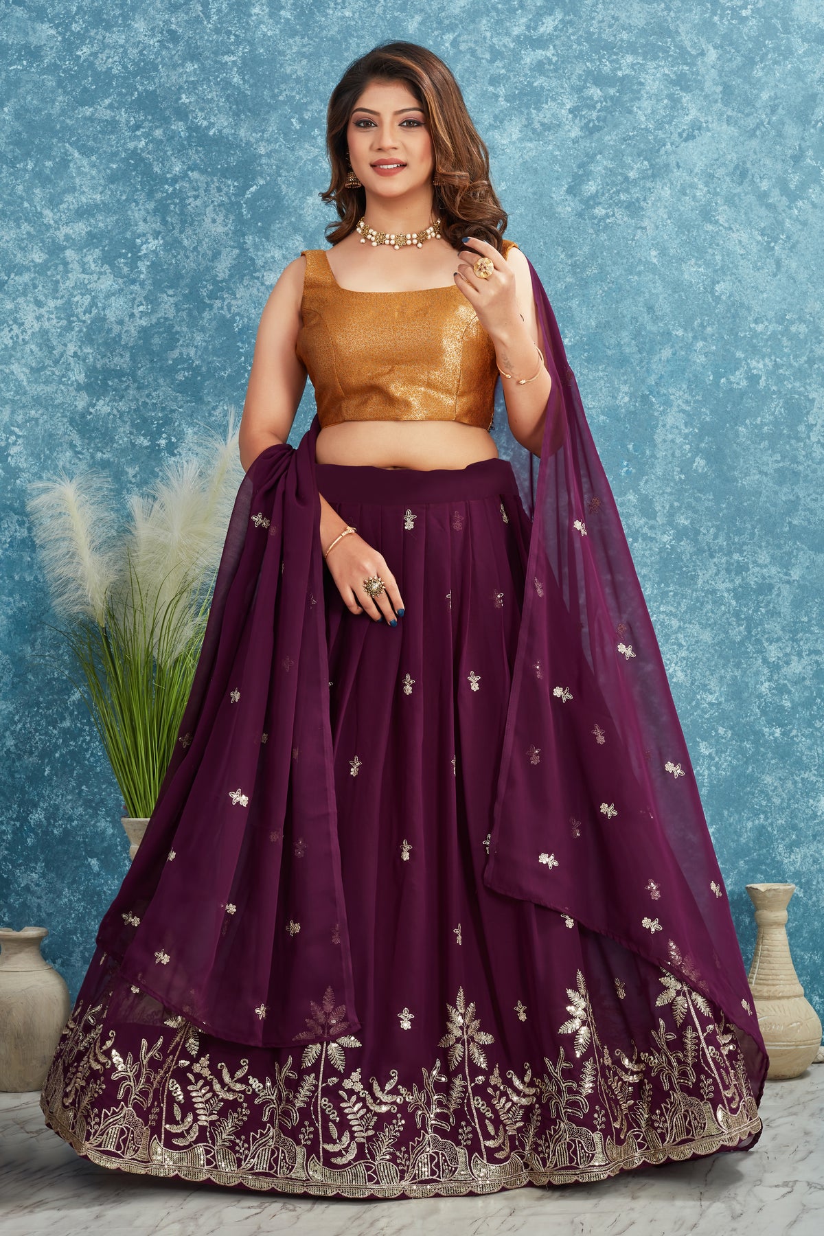 Wine Embroidered Lehenga with Mustard Yellow Blouse Festive Ethnic Wear