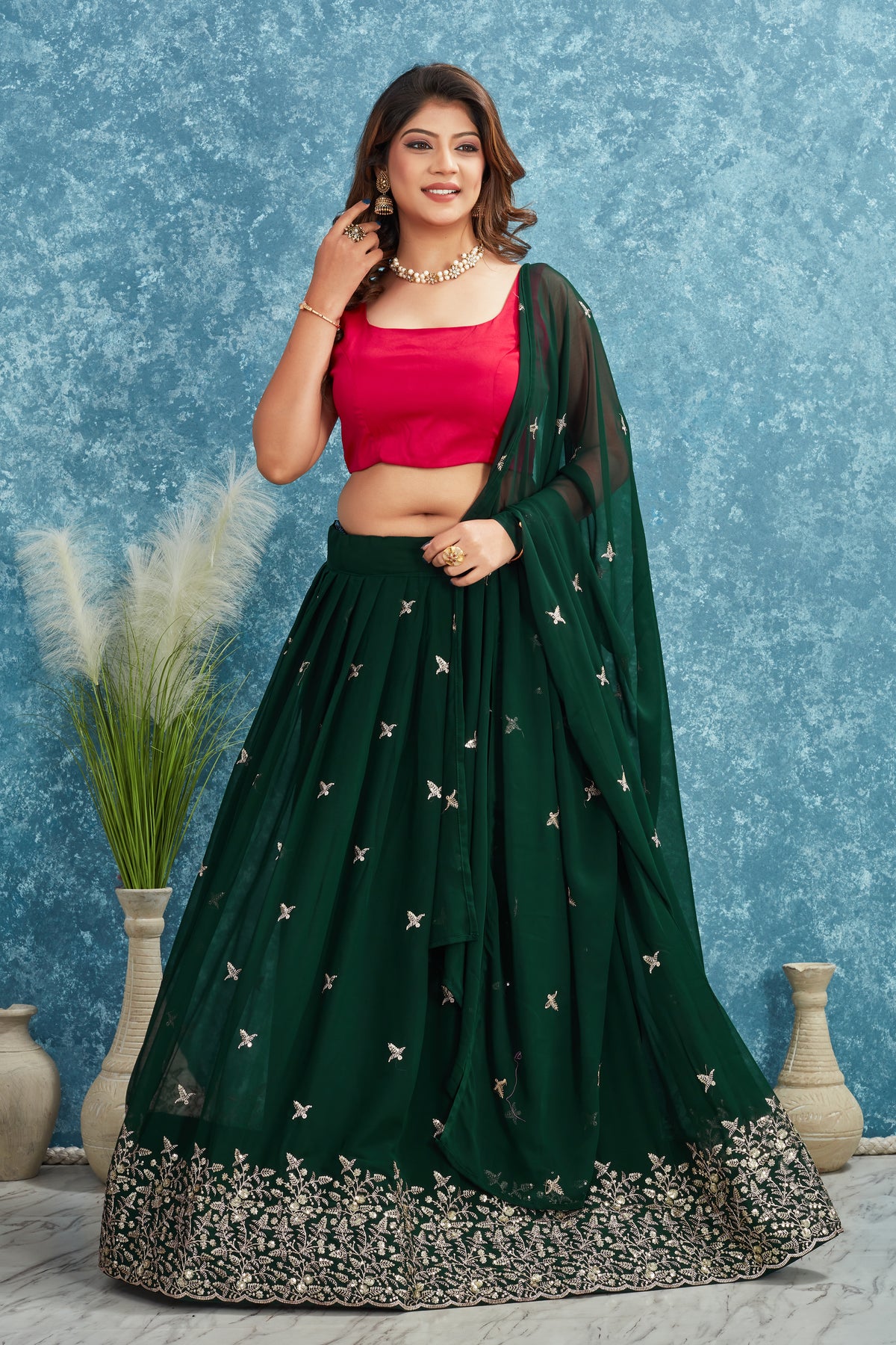 Green Embroidered Lehenga with Red Blouse Festive Ethnic Wear