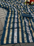 Petrol Blue Sequin Striped Saree Glamorous Georgette Saree for Evening Wear
