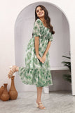 Green Floral Smocked Midi Dress with Puff Sleeves – Meadow Mist Edition