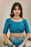 Petrol Blue Organza Saree with Floral Embroidered Border Premium Ethnic Wear