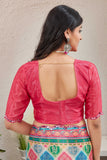 Multicolor Block Print Saree with Vibrant Border & Red Blouse