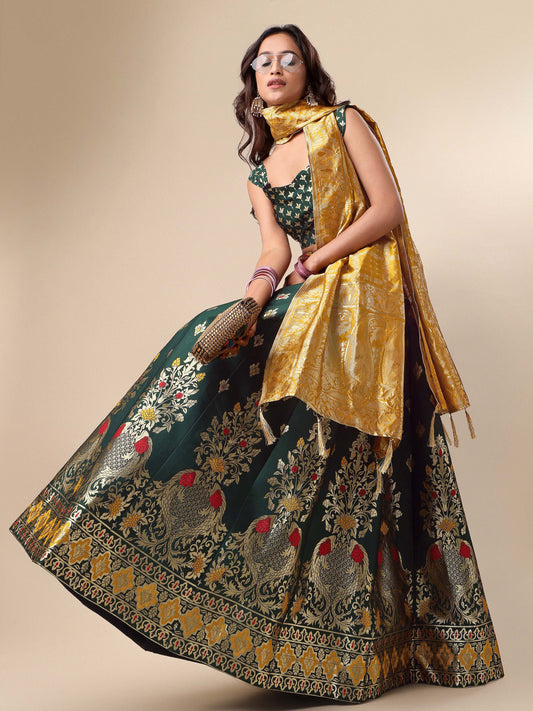 Green & Yellow Banarasi Silk Lehenga Set with Brocade Blouse