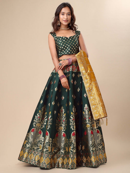 Green & Yellow Banarasi Silk Lehenga Set with Brocade Blouse