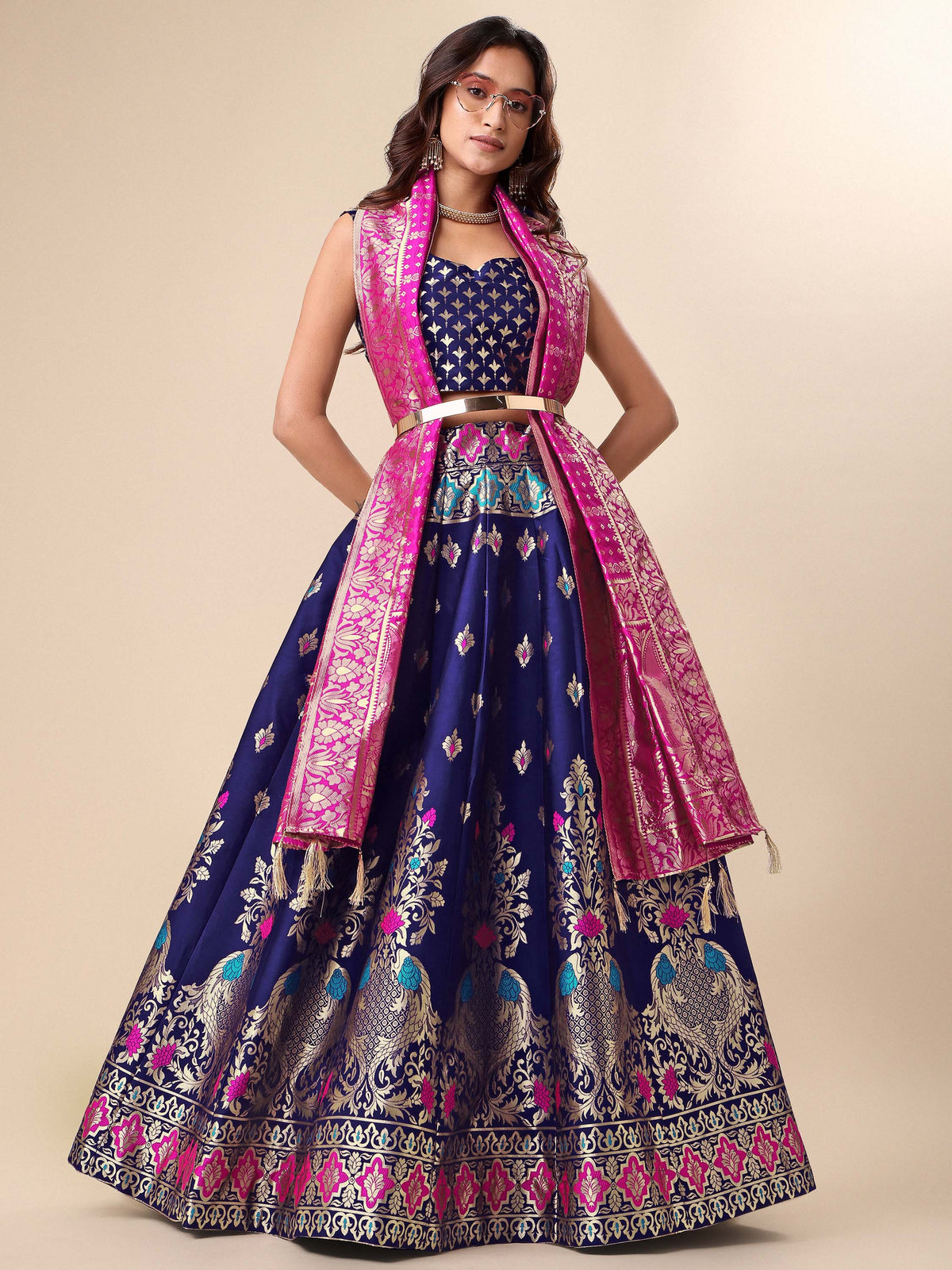 Blue & Pink Banarasi Silk Lehenga Set with Brocade Blouse