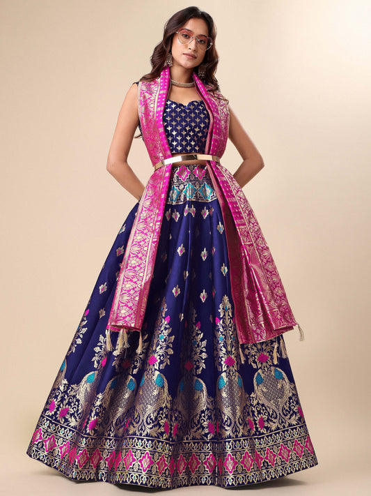 Blue & Pink Banarasi Silk Lehenga Set with Brocade Blouse