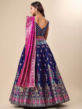 Blue & Pink Banarasi Silk Lehenga Set with Brocade Blouse