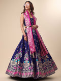 Blue & Pink Banarasi Silk Lehenga Set with Brocade Blouse