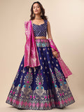 Blue & Pink Banarasi Silk Lehenga Set with Brocade Blouse