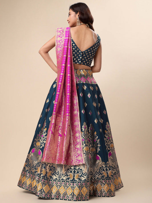 Teal & Pink Banarasi Silk Lehenga Set with Brocade Blouse