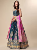 Teal & Pink Banarasi Silk Lehenga Set with Brocade Blouse