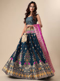 Teal & Pink Banarasi Silk Lehenga Set with Brocade Blouse