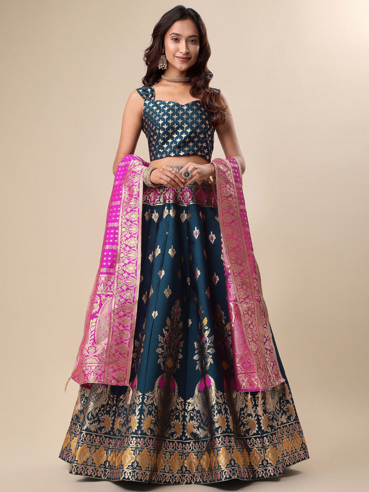 Teal & Pink Banarasi Silk Lehenga Set with Brocade Blouse