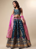Teal & Pink Banarasi Silk Lehenga Set with Brocade Blouse