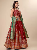 Maroon & Green Banarasi Silk Lehenga Set with Brocade Blouse
