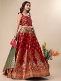 Maroon & Green Banarasi Silk Lehenga Set with Brocade Blouse