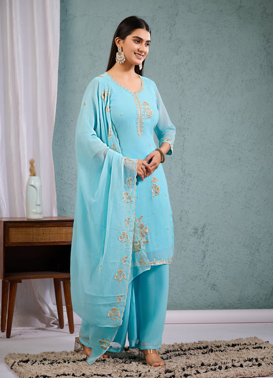 Indian Pakistani Elegant Sky Blue Georgette Embroidered Suit Ready To Wear Dress