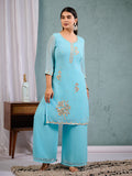 Indian Pakistani Elegant Sky Blue Georgette Embroidered Suit Ready To Wear Dress