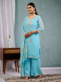 Indian Pakistani Elegant Sky Blue Georgette Embroidered Suit Ready To Wear Dress