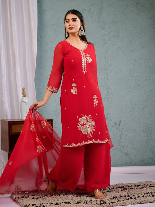 Indian Pakistani Elegant Red Georgette Embroidered Suit Ready To Wear Dress