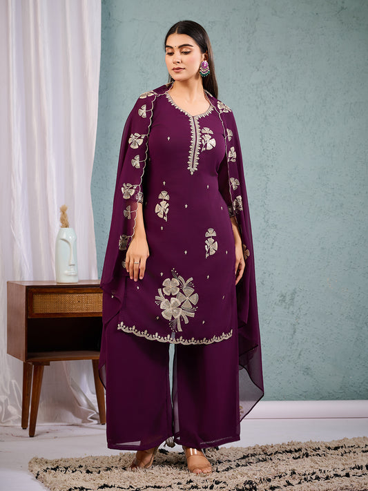 Indian Pakistani Elegant Wine Georgette Embroidered Suit Ready To Wear Dress