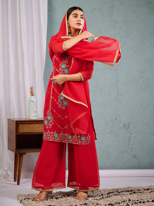 Indian Pakistani Elegant Red Georgette Embroidered Salwar Suit Ready To Wear Dress