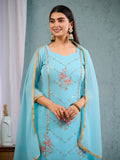 Indian Pakistani Elegant Sky Blue Georgette Embroidered Salwar Suit Ready To Wear Dress