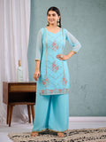 Indian Pakistani Elegant Sky Blue Georgette Embroidered Salwar Suit Ready To Wear Dress