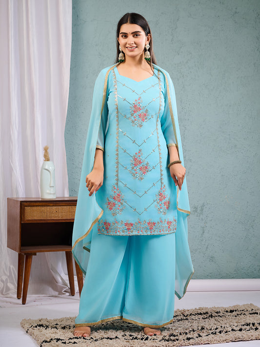 Indian Pakistani Elegant Sky Blue Georgette Embroidered Salwar Suit Ready To Wear Dress