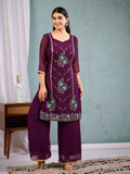 Indian Pakistani Elegant Wine Georgette Embroidered Salwar Suit Ready To Wear Dress