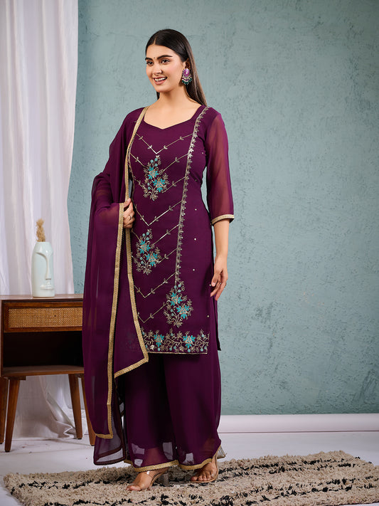 Indian Pakistani Elegant Wine Georgette Embroidered Salwar Suit Ready To Wear Dress