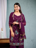Indian Pakistani Elegant Wine Georgette Embroidered Salwar Suit Ready To Wear Dress
