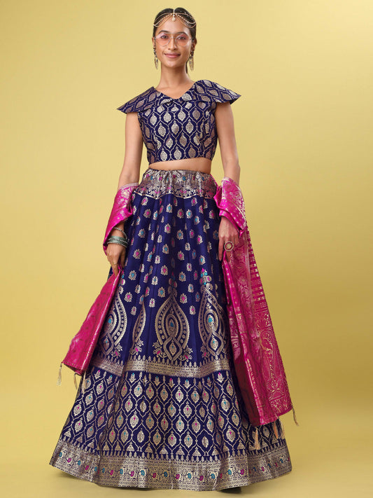 Navy Blue & Pink Banarasi Silk Lehenga Choli with Dupatta