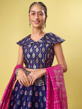 Navy Blue & Pink Banarasi Silk Lehenga Choli with Dupatta