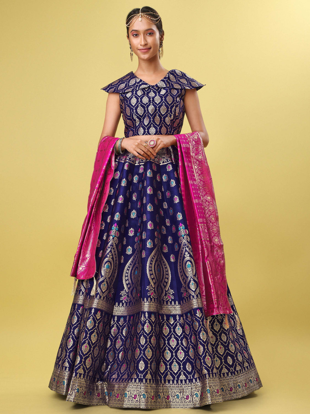 Navy Blue & Pink Banarasi Silk Lehenga Choli with Dupatta