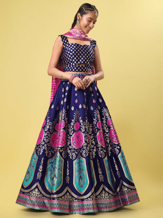 Blue & Magenta Banarasi Silk Lehenga Choli with Dupatta