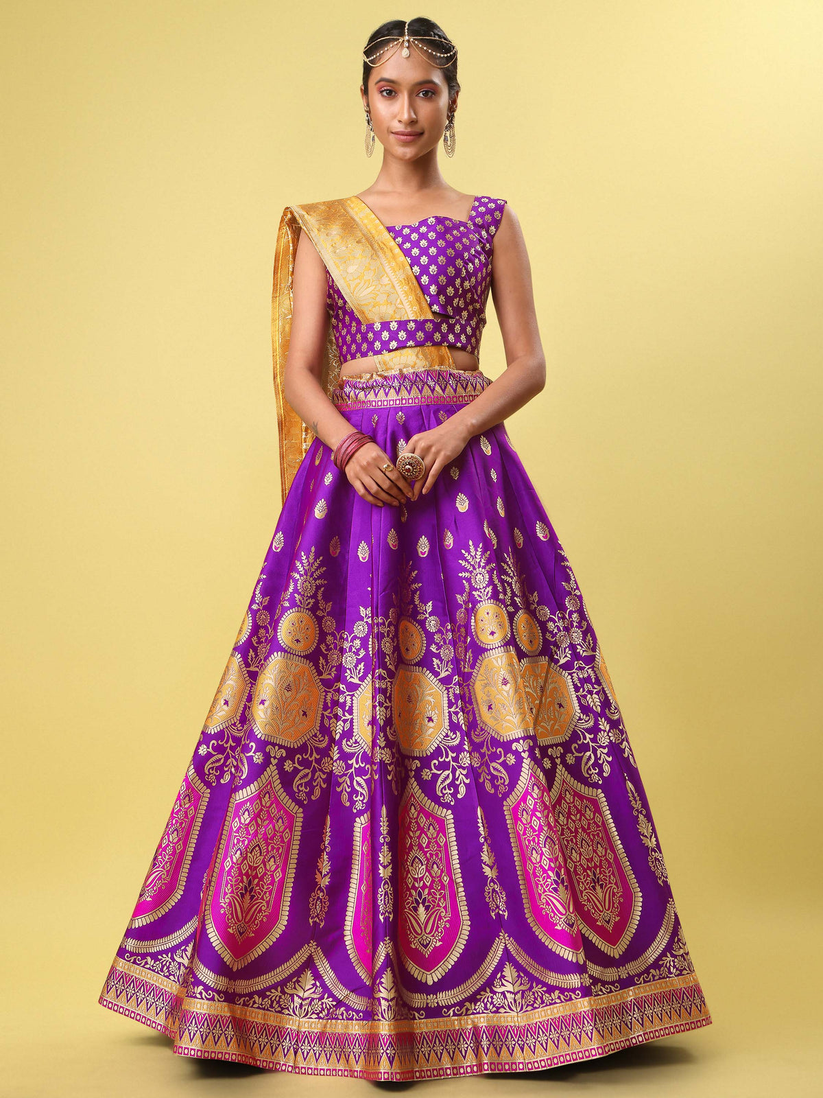 Purple & Yellow Banarasi Silk Lehenga Choli with Dupatta