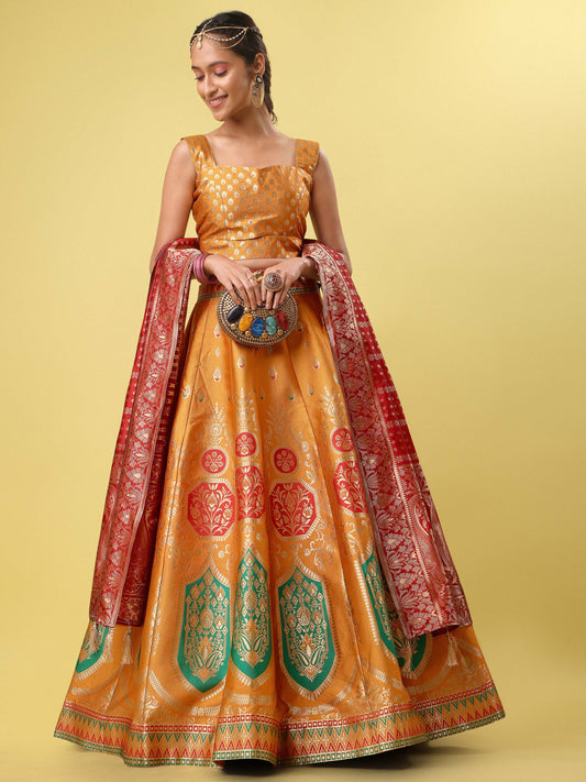 Yellow & Maroon Banarasi Silk Lehenga Choli with Dupatta