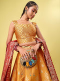 Yellow & Maroon Banarasi Silk Lehenga Choli with Dupatta