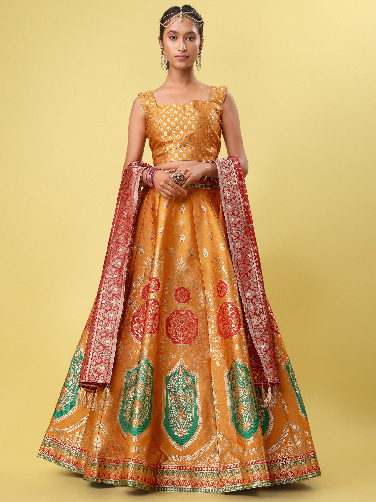 Yellow & Maroon Banarasi Silk Lehenga Choli with Dupatta
