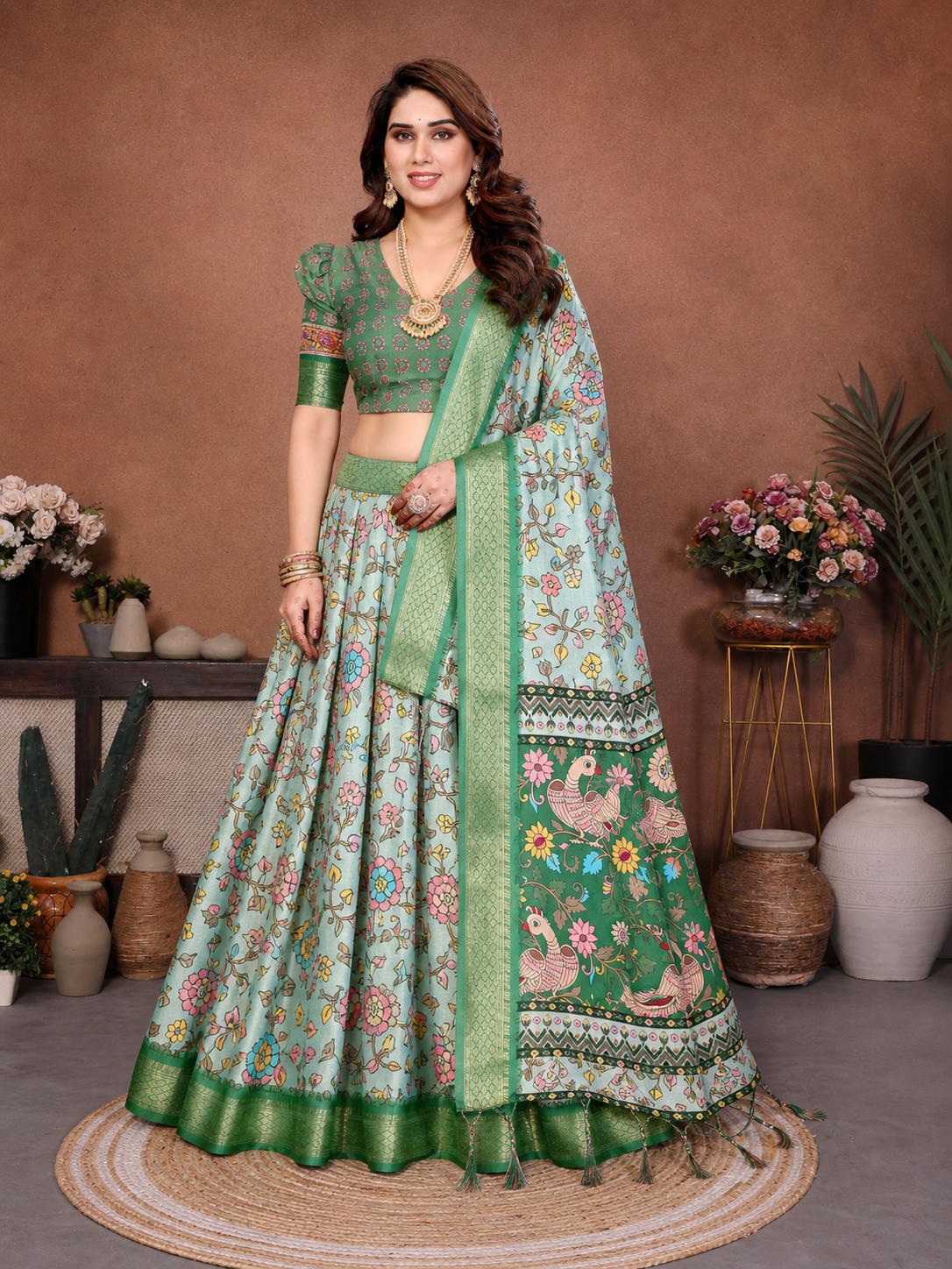 Light Green Banarasi Silk Half Saree Lehenga Choli, South Indian Langa Voni Set