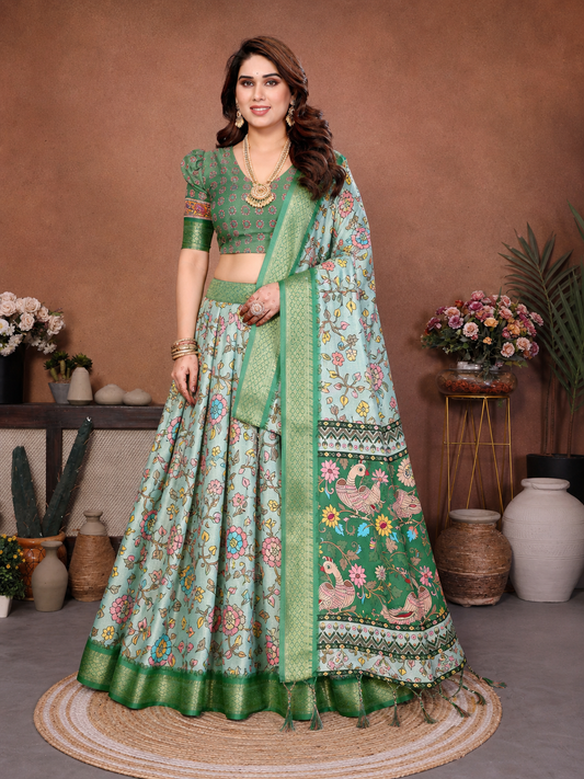 Light Green Banarasi Silk Half Saree Lehenga Choli, South Indian Langa Voni Set