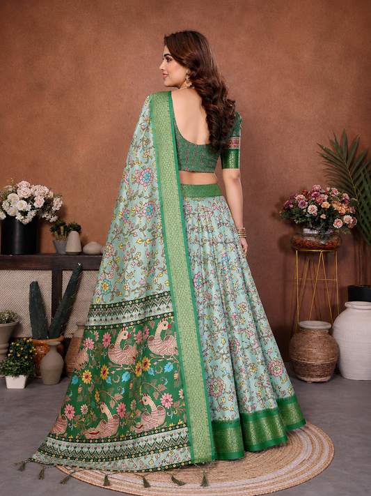 Light Green Banarasi Silk Half Saree Lehenga Choli, South Indian Langa Voni Set