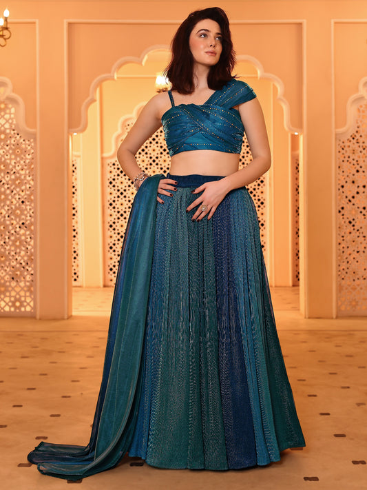 Teal Sapphire Pleated Lehenga Set