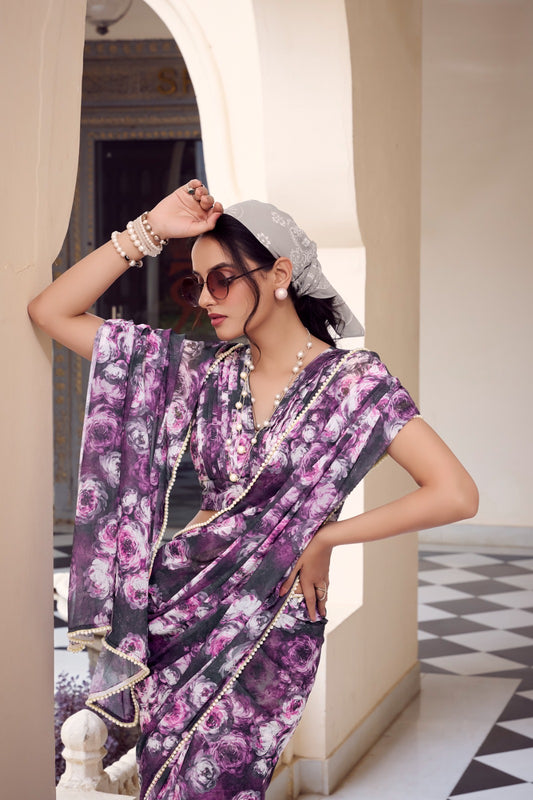 Purple Floral Printed Georgette Ready To Wear Saree with Contemporary Blouse