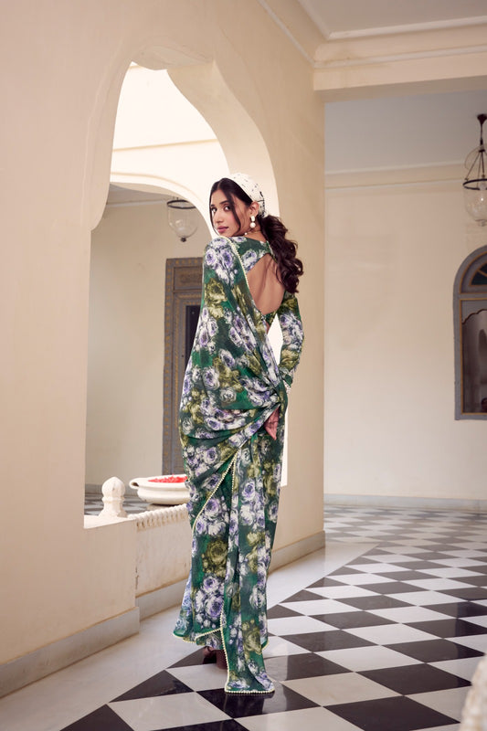 Green Floral Printed Georgette Ready To Wear Saree with Contemporary Blouse