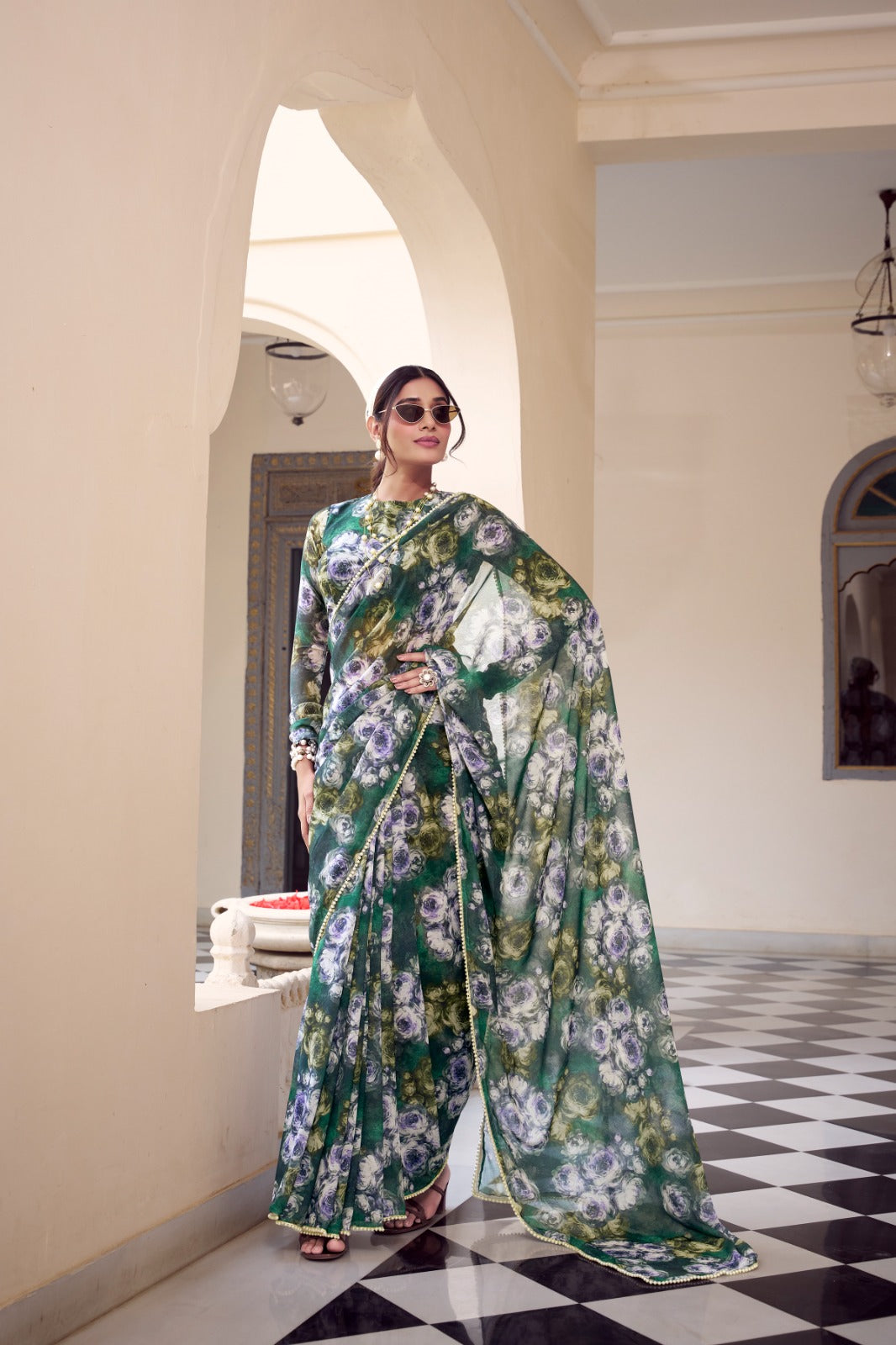 Green Floral Printed Georgette Ready To Wear Saree with Contemporary Blouse