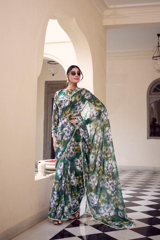 Green Floral Printed Georgette Ready To Wear Saree with Contemporary Blouse