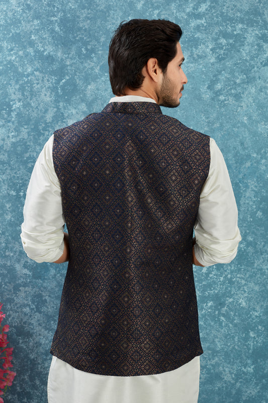 Indian Traditional Men's Jacquard Open Waistcoat Weddings & Festive Occasions Nehru Jacket