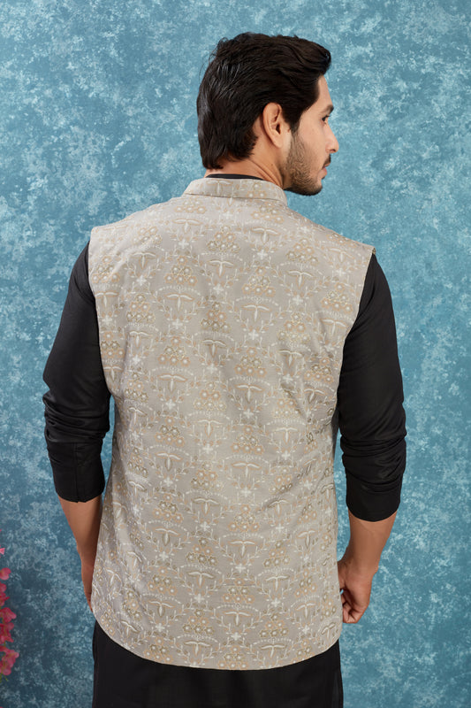 Indian Traditional Men's Jacquard Open Waistcoat Weddings & Festive Occasions Nehru Jacket